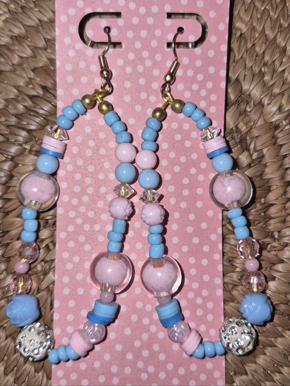 Handmade Pink & Blue Beaded Hoop Earrings